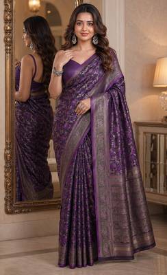 Wine soft silk blend banarasi jacuard work festive saree with unstitched blouse piece 1