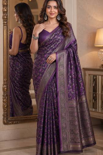 Wine soft silk blend banarasi jacuard work festive saree with unstitched blouse piece