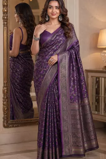 Wine soft silk blend banarasi jacuard work festive saree with unstitched blouse piece