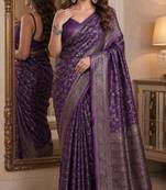 Wine soft silk blend banarasi jacuard work festive saree with unstitched blouse piece