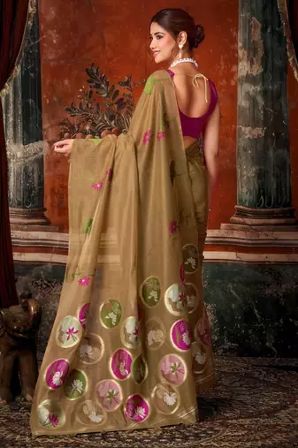 brown khadi cotton blend fabric woven designer fancy graceful saree