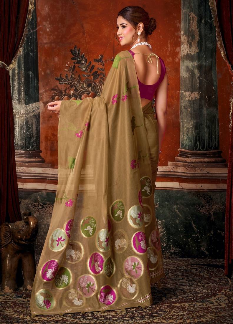 brown khadi cotton blend fabric woven designer fancy graceful saree