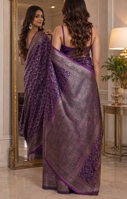 Wine soft silk blend banarasi jacuard work festive saree with unstitched blouse piece 3