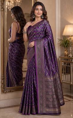 Wine soft silk blend banarasi jacuard work festive saree with unstitched blouse piece 4