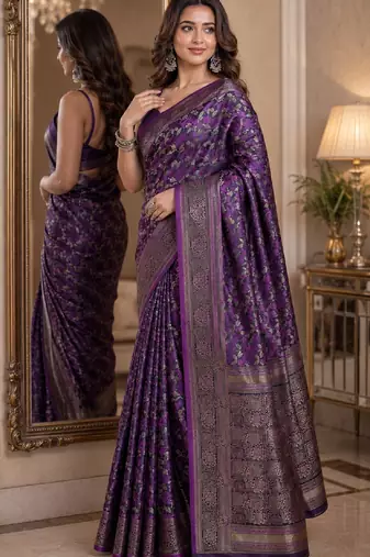 Wine soft silk blend banarasi jacuard work festive saree with unstitched blouse piece