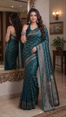 Rama soft silk blend banarasi jacuard work festive saree with unstitched blouse piece 1