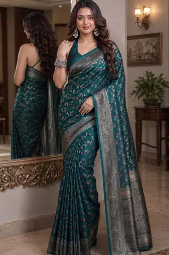 Rama soft silk blend banarasi jacuard work festive saree with unstitched blouse piece