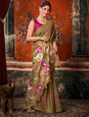 brown khadi cotton blend fabric woven designer fancy graceful saree 4