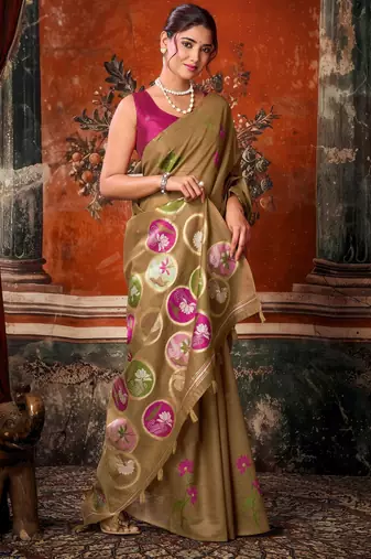 brown khadi cotton blend fabric woven designer fancy graceful saree