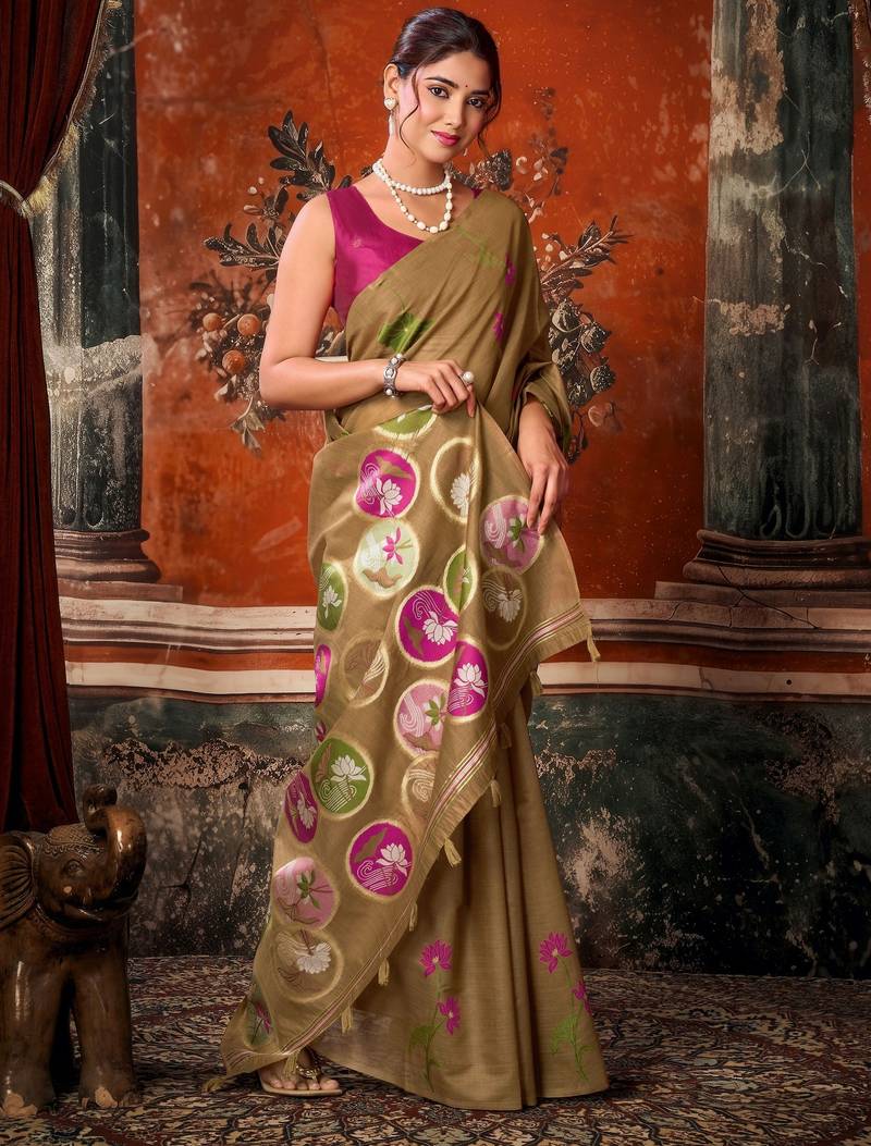 brown khadi cotton blend fabric woven designer fancy graceful saree