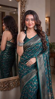 Rama soft silk blend banarasi jacuard work festive saree with unstitched blouse piece 2
