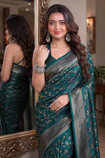 Rama soft silk blend banarasi jacuard work festive saree with unstitched blouse piece