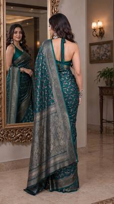 Rama soft silk blend banarasi jacuard work festive saree with unstitched blouse piece 3