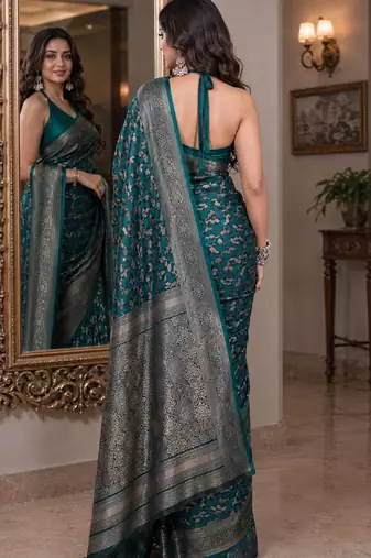 Rama soft silk blend banarasi jacuard work festive saree with unstitched blouse piece