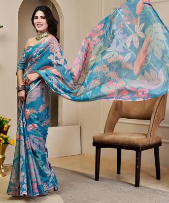 blue cotton blend zari weaving floral digital print festive saree with unstitched blouse piece 5