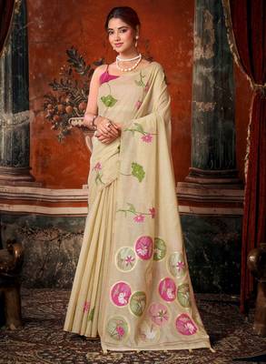 beige khadi cotton blend fabric woven designer fancy graceful saree 1