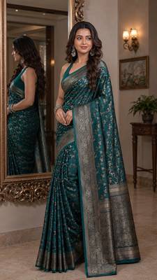 Rama soft silk blend banarasi jacuard work festive saree with unstitched blouse piece 4