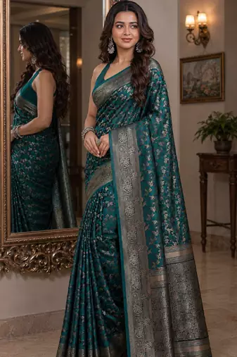 Rama soft silk blend banarasi jacuard work festive saree with unstitched blouse piece