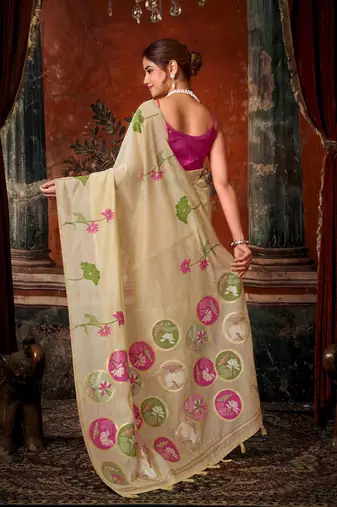 beige khadi cotton blend fabric woven designer fancy graceful saree