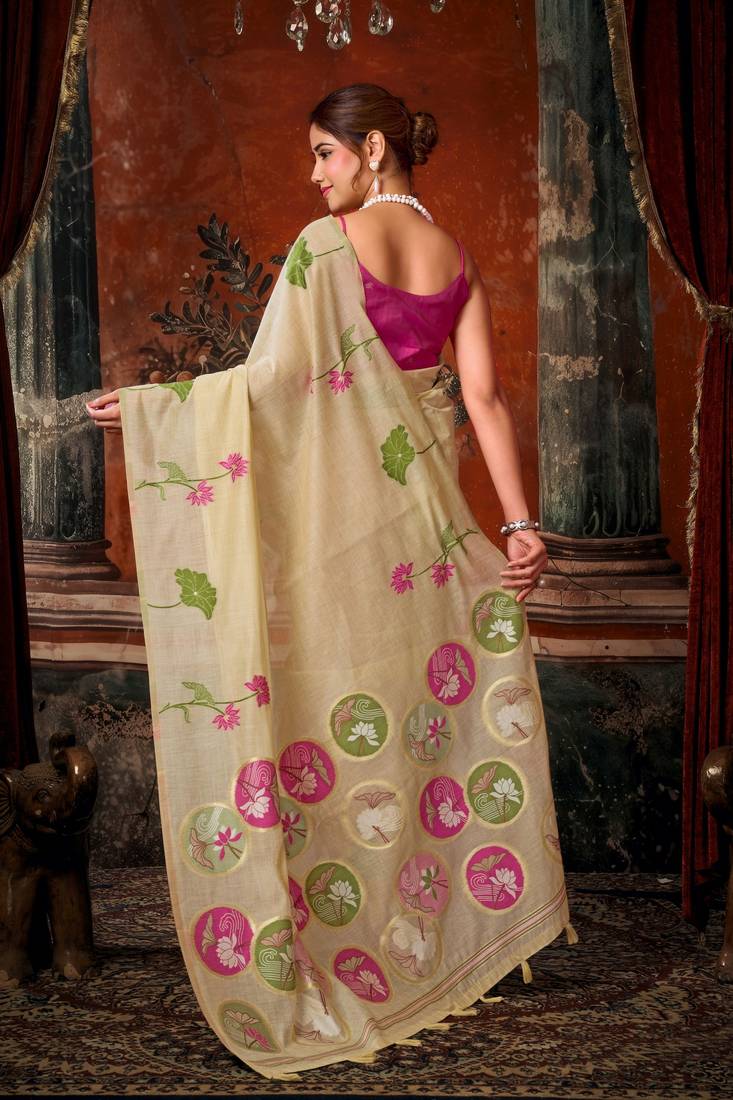 beige khadi cotton blend fabric woven designer fancy graceful saree