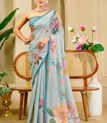 sky blue cotton blend zari weaving floral digital print festive saree with unstitched blouse piece