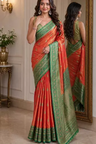 Orange soft silk blend banarasi jacuard work festive saree with unstitched blouse piece