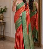 Orange soft silk blend banarasi jacuard work festive saree with unstitched blouse piece
