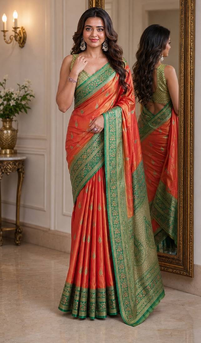 Orange soft silk blend banarasi jacuard work festive saree with unstitched blouse piece