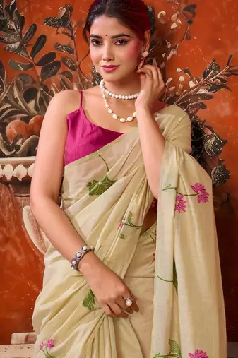 beige khadi cotton blend fabric woven designer fancy graceful saree