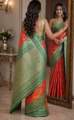 Orange soft silk blend banarasi jacuard work festive saree with unstitched blouse piece 3