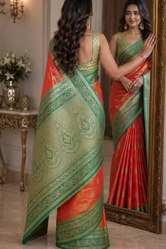 Orange soft silk blend banarasi jacuard work festive saree with unstitched blouse piece