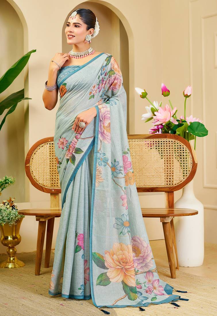 sky blue cotton blend zari weaving floral digital print festive saree with unstitched blouse piece