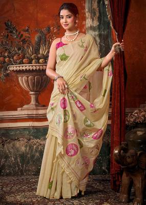 beige khadi cotton blend fabric woven designer fancy graceful saree 4