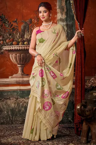 beige khadi cotton blend fabric woven designer fancy graceful saree