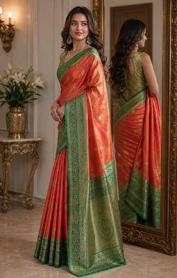 Orange soft silk blend banarasi jacuard work festive saree with unstitched blouse piece 4