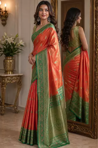 Orange soft silk blend banarasi jacuard work festive saree with unstitched blouse piece