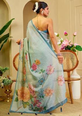 sky blue cotton blend zari weaving floral digital print festive saree with unstitched blouse piece 3