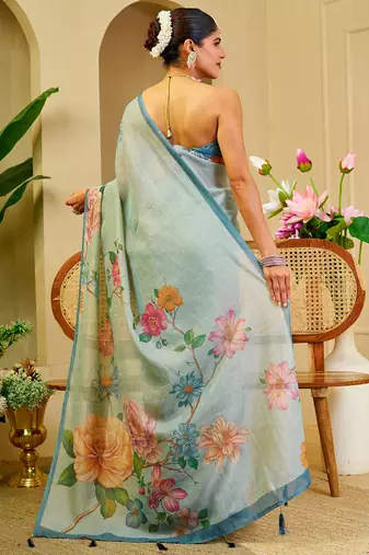 sky blue cotton blend zari weaving floral digital print festive saree with unstitched blouse piece
