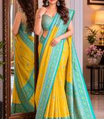 Yellow soft silk blend banarasi jacuard work festive saree with unstitched blouse piece