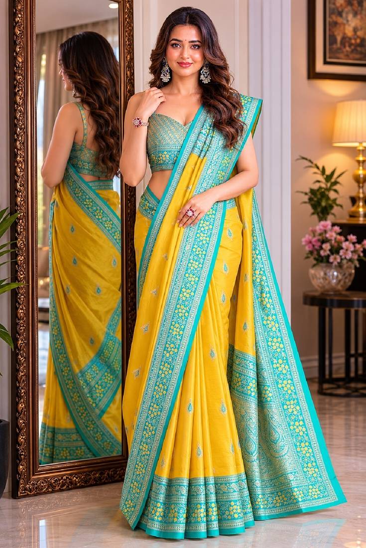 Yellow soft silk blend banarasi jacuard work festive saree with unstitched blouse piece