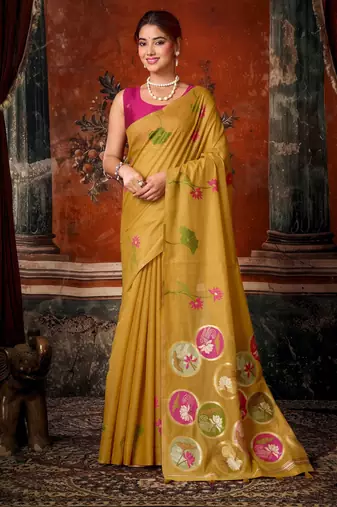 mustard khadi cotton blend fabric woven designer fancy graceful saree