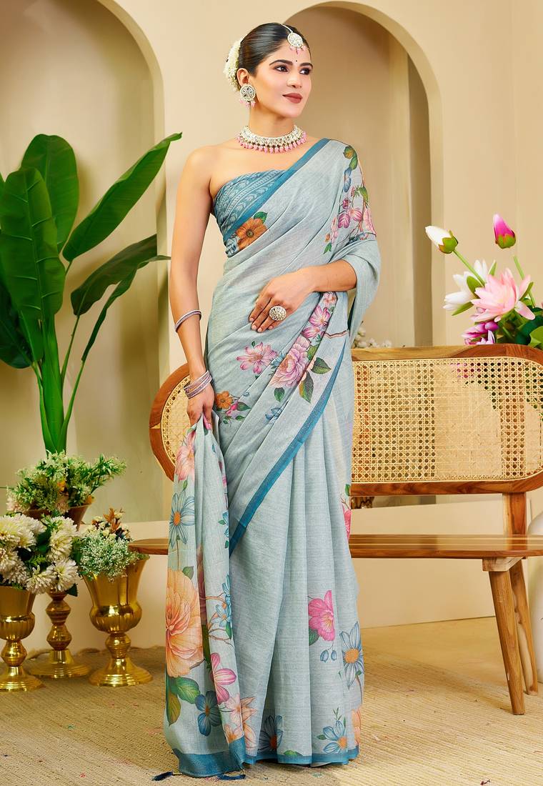 sky blue cotton blend zari weaving floral digital print festive saree with unstitched blouse piece