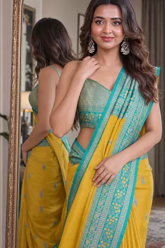 Yellow soft silk blend banarasi jacuard work festive saree with unstitched blouse piece