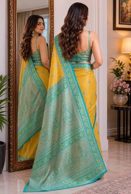 Yellow soft silk blend banarasi jacuard work festive saree with unstitched blouse piece 3