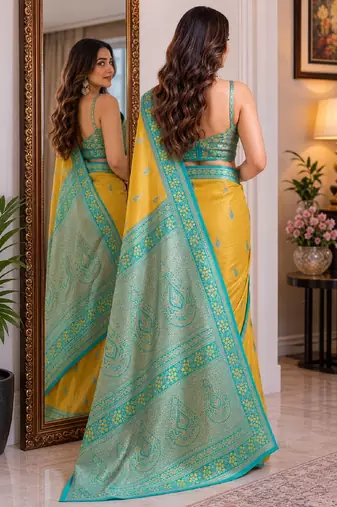 Yellow soft silk blend banarasi jacuard work festive saree with unstitched blouse piece