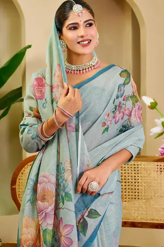 sky blue cotton blend zari weaving floral digital print festive saree with unstitched blouse piece