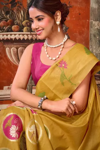 mustard khadi cotton blend fabric woven designer fancy graceful saree