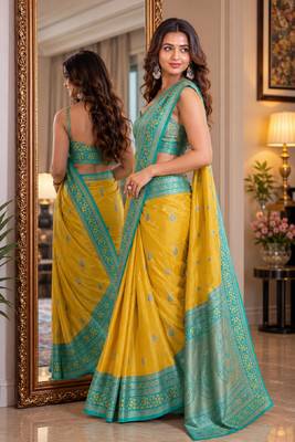Yellow soft silk blend banarasi jacuard work festive saree with unstitched blouse piece 4