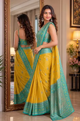Yellow soft silk blend banarasi jacuard work festive saree with unstitched blouse piece