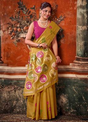 mustard khadi cotton blend fabric woven designer fancy graceful saree 4